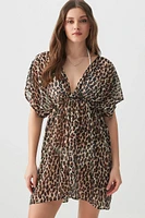 Ardene Cinched Leopard Swim Cover Up in Brown | Polyester