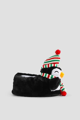 Ardene Kids Holiday Penguin Slippers in Black | Size