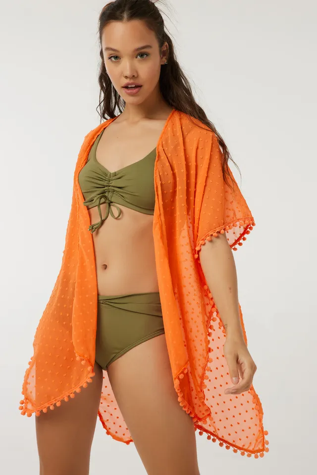 Ardene Pompom Trim Swim Cover-Up in Orange, Polyester