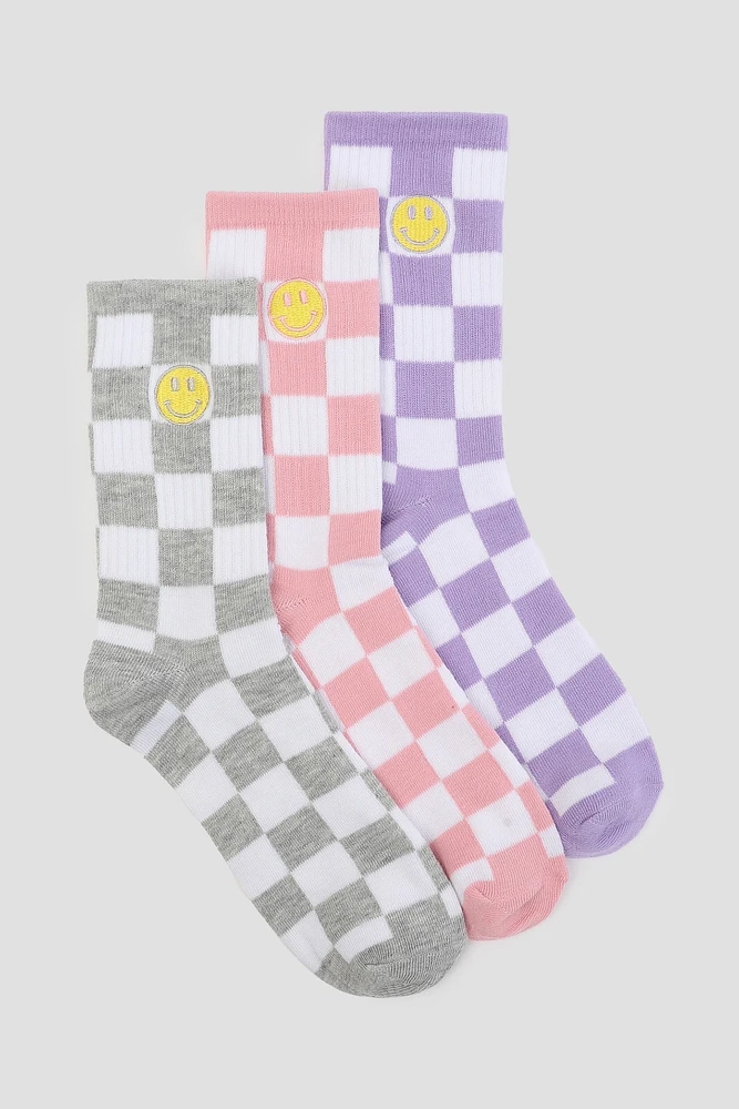 Ardene 3-Pack of Smiley Checkered Crew Socks | Polyester/Spandex