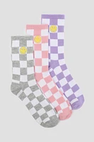 Ardene 3-Pack of Smiley Checkered Crew Socks | Polyester/Spandex