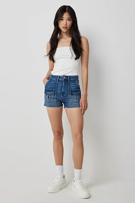 Ardene High Rise Denim Shorts with Cargo Pockets in Dark Blue | Size | Cotton/Elastane