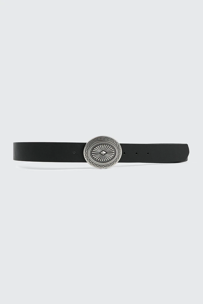 Ardene Round Buckle Western Inspired Belt in Black | Size Small | Faux Leather