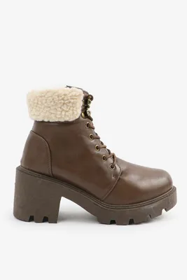 Ardene Warm-Lined Ankle Boots on Lug Sole in Brown | Size | Faux Leather | Microfiber
