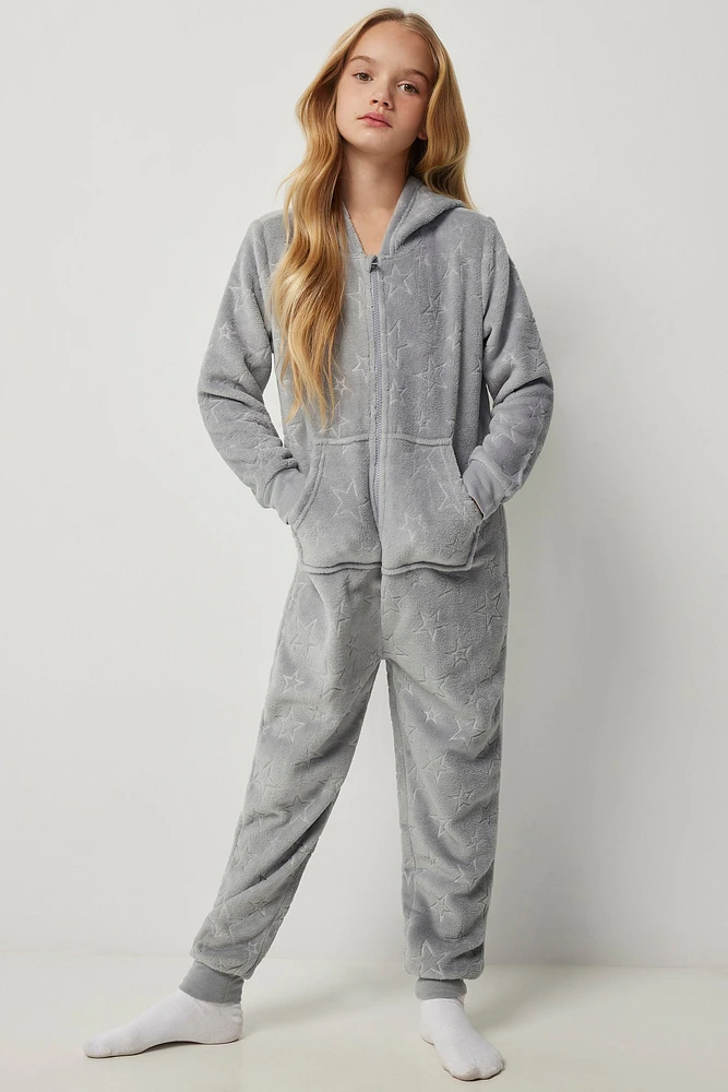 Ardene Kids Star Zipper Hooded Onesie in Grey | Size | 100% Recycled Polyester | Eco-Conscious