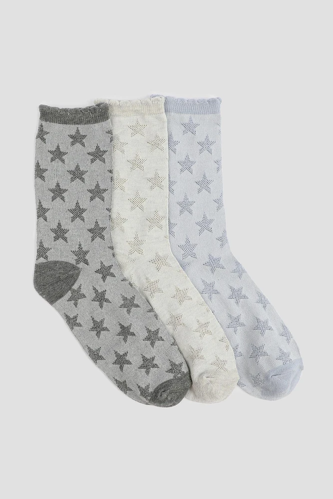 Ardene 3-Pack Star Crew Socks in Grey | Polyester/Spandex