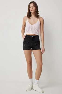 Ardene High Rise Denim Shorts with Cargo Pockets in Black | Size | Cotton/Elastane