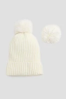 Ardene Beanie with Two Removable Pompoms in White | Polyester