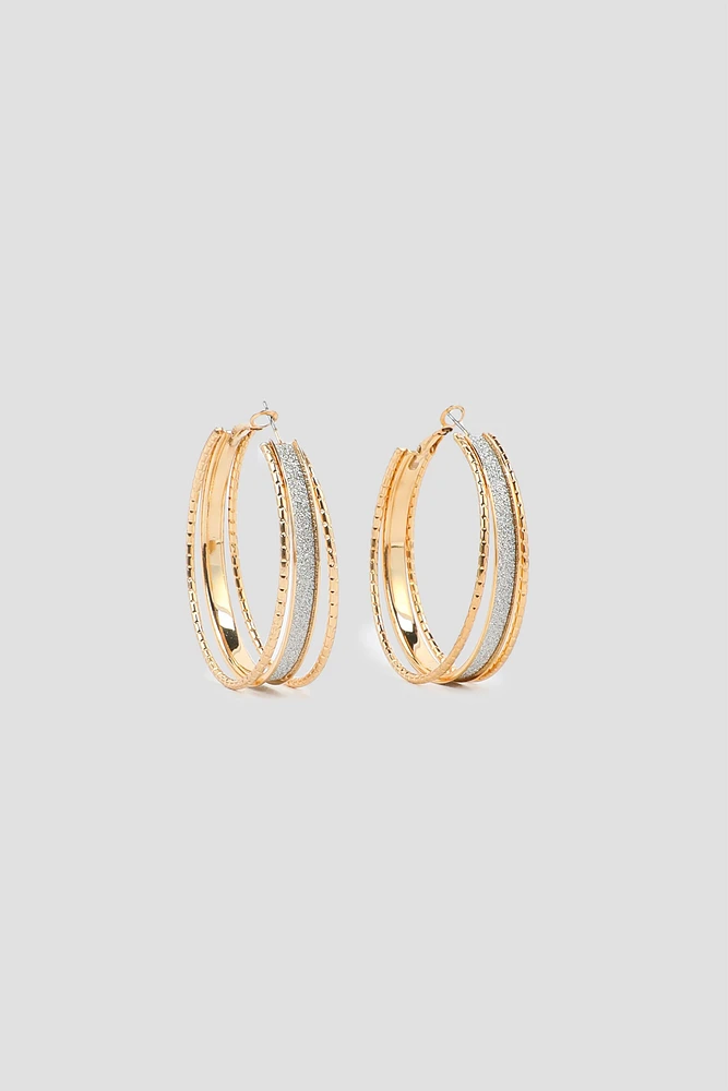 Ardene Three-Row Hoop Earrings with Gitters in Gold