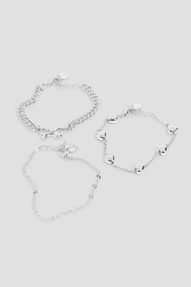 Ardene 3-Pack Bow & Heart Chain Bracelets in Silver