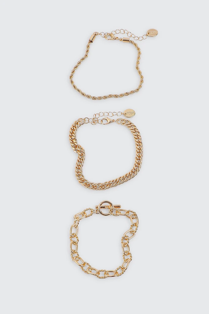 Ardene 3-Pack Mixed Chain Bracelets in Gold