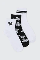 Ardene 3-Pack of Butterfly Demi Crew Socks in White | Polyester/Spandex