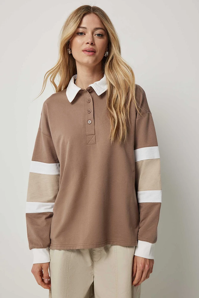 Ardene French Terry Oversized Colorbock Polo in Brown | Size | Polyester/Cotton