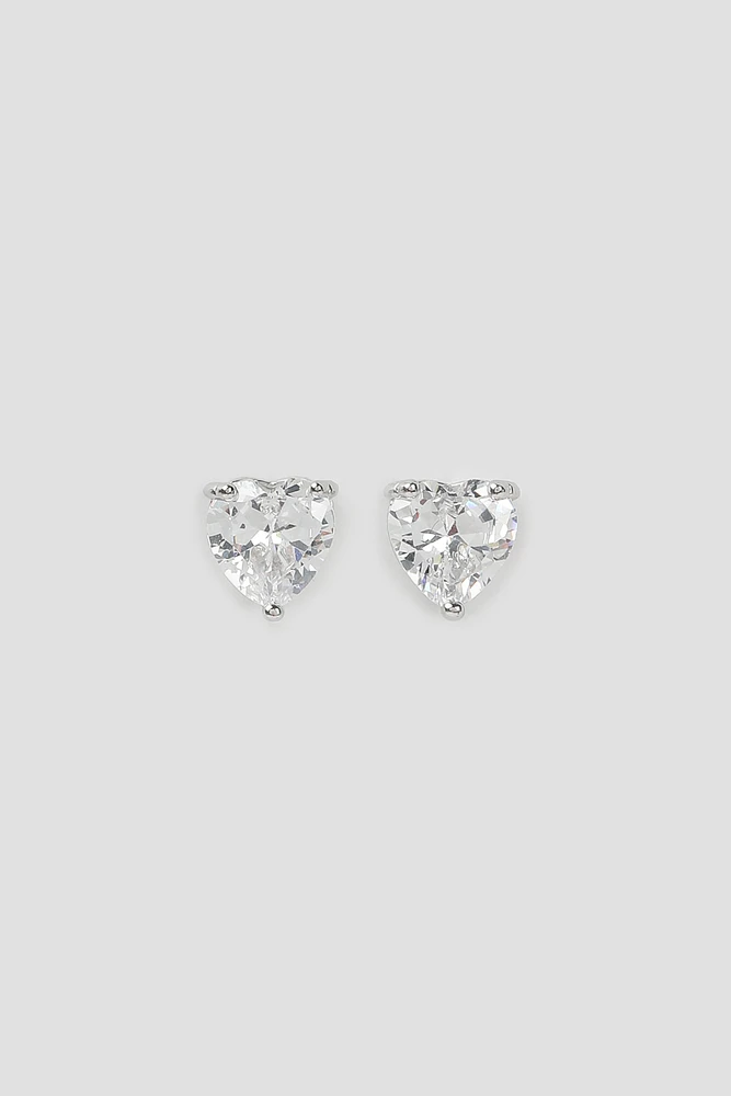 Ardene Cubic Zirconia Heart Stud Earrings in Silver | Stainless Steel