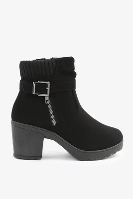 Ardene Ruched Booties with Buckle in Black | Size | Faux Suede