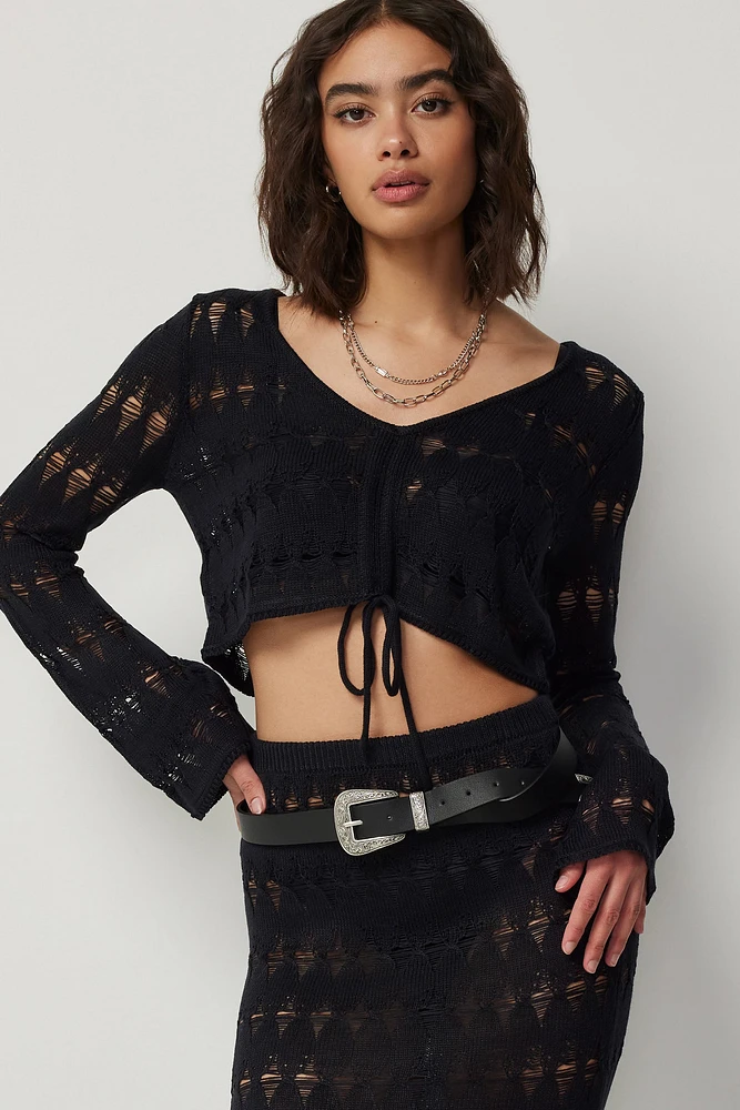 Ardene Ruched Tie Front Crochet Top in Black | Size | 100% Cotton