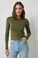 Ardene Basic Long Sleeve Cropped T-Shirt in Khaki | Size | Cotton/Elastane