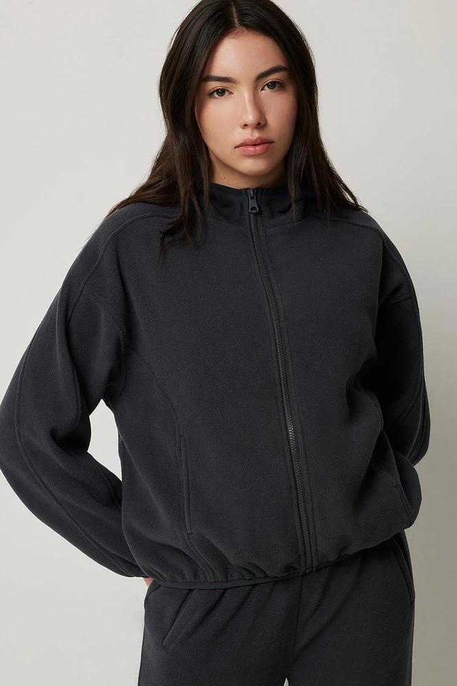 Ardene High Neck Zip Up Fleece Hoodie in Dark Grey | Size Large | 100% Recycled Polyester | Eco-Conscious