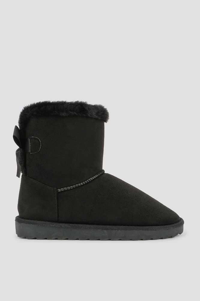 Ardene Faux Sheepskin Boots with Bow in Black | Size | Faux Suede | Eco-Conscious | Microfiber