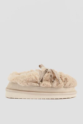 Ardene Lace Up Faux Fur Slippers in Beige | Size | Polyester/Faux Suede | Eco-Conscious