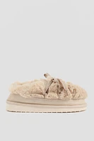 Ardene Lace Up Faux Fur Slippers in Beige | Size | Polyester/Faux Suede | Eco-Conscious