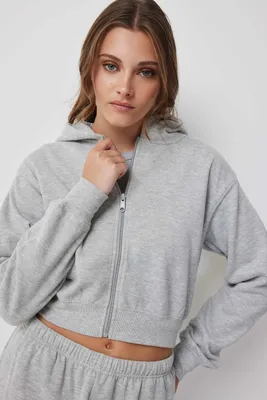 Ardene Crop Zip-Up Hoodie in Light Grey | Size | Polyester/Cotton | Fleece-Lined | Eco-Conscious