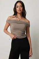 Ardene A.C.W. Ruched Off Shoulder Top in Brown | Size | Nylon/Spandex