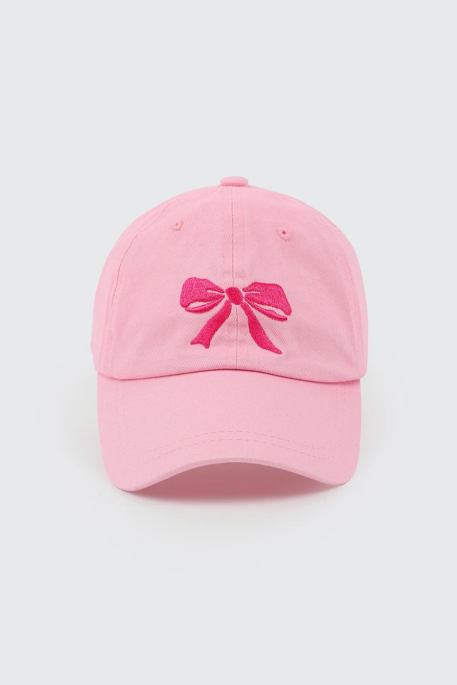 Ardene Bow Embroidered Cap in Light Pink | 100% Cotton