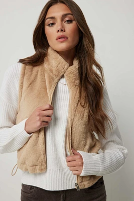 Ardene Faux Fur Mock Neck Vest in Beige | Size | Polyester