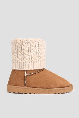Ardene Faux Sheepskin Boots with Knit Collar in Cognac | Size | Faux Suede | Eco-Conscious | Microfiber