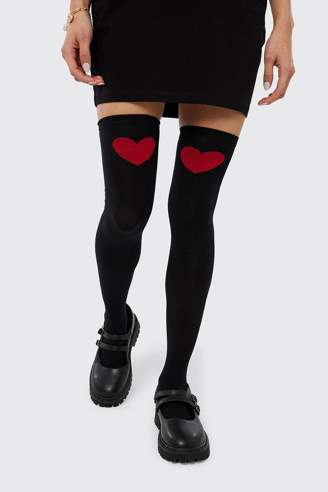 Ardene Heart Over-the-Knee Socks in Black | Spandex/Polyamide