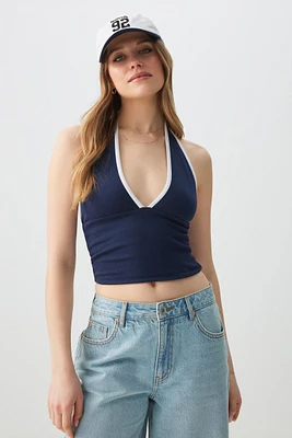 Ardene Contrast Trim Halter Tank Top in Dark Blue | Size | Cotton/Elastane