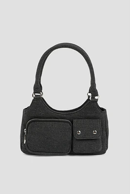 Ardene Faux Leather Shoulder Bag with Accent Pockets in Dark Grey | Faux Leather/Polyester