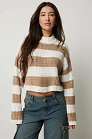 Ardene Striped Chenille Mock Neck Sweater in Beige | Size | Polyester/Nylon