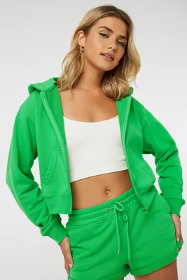 Ardene French terry Crop Zip-Up Hoodie in Green | Size | Polyester/Cotton | Fleece-Lined