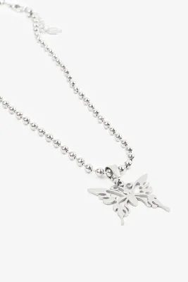 Ardene Ball Chain Necklace with Butterfly Pendant in Silver