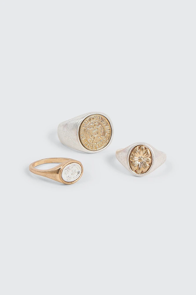 Ardene 3-Pack Celestial Signet Rings in Gold | Size