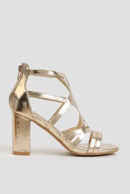 Ardene Criss Cross Block Heel Sandals in Gold | Size | Faux Leather/Faux Suede
