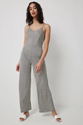 Ardene Striped V-Neck Jumpsuit in Black | Size Large | Polyester/Spandex