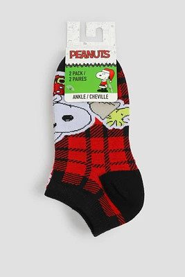 Ardene 2-Pack Holiday Snoopy Ankle Socks in Red | Polyester/Spandex