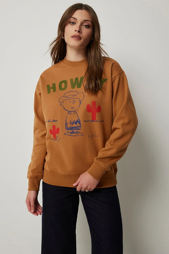 Ardene Howdy Charlie Brown Sweatshirt in Cognac | Size | Cotton | Fleece-Lined