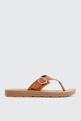 Ardene Flat Sandals with Chunky Buckle in Cognac | Size | Faux Leather | Eco-Conscious