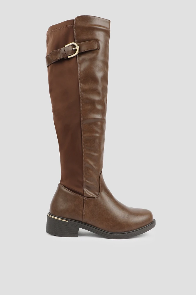 Ardene Riding Boots with Accent Buckle in Brown | Size | Faux Leather | Eco-Conscious