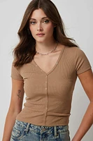 Ardene V-Neck Henley T-Shirt in Brown | Size | Polyester/Rayon/Spandex