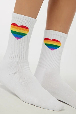 Ardene Rainbow Heart Crew Sock in White | Polyester/Spandex