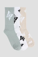 Ardene 3-Pack Butterfly Crew Socks in Sage | Polyester/Spandex