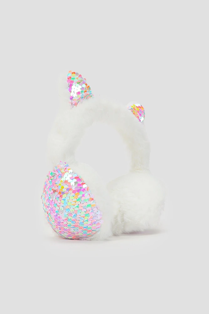 Ardene Kids Sequin Cat Ear Earmuffs in White | Polyester