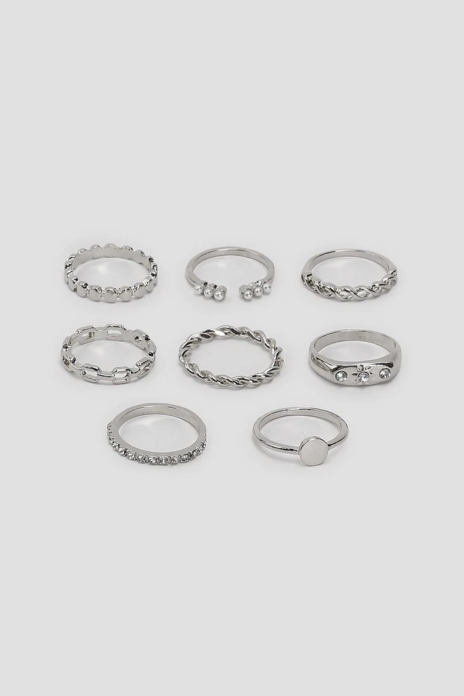 Ardene 8-Pack Embellished Celestial Rings in Silver | Size