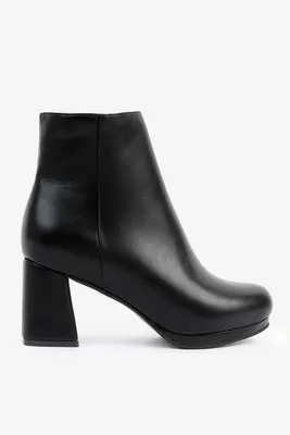 Ardene Flare Heel Booties with Mini Toe Platform in Black | Size | Faux Leather/Rubber