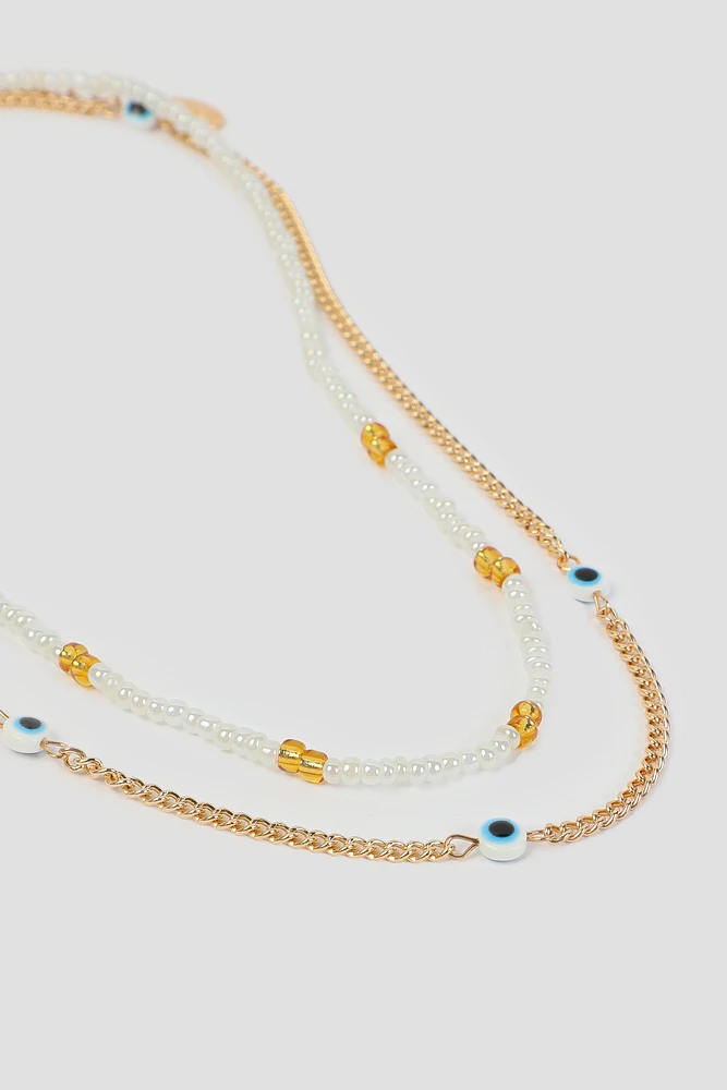 Ardene 2-Row Chain & Beaded Evil Eye Necklace in Gold